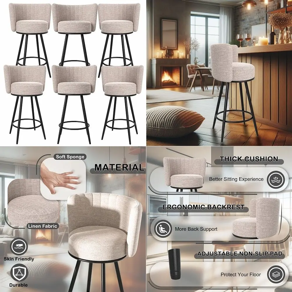 

24 Bar Stools Set of 4, Farmhouse Counter Height Barstools w Footrest, Cross Back, Comfortable Linen Cushion, Upholstered Wood