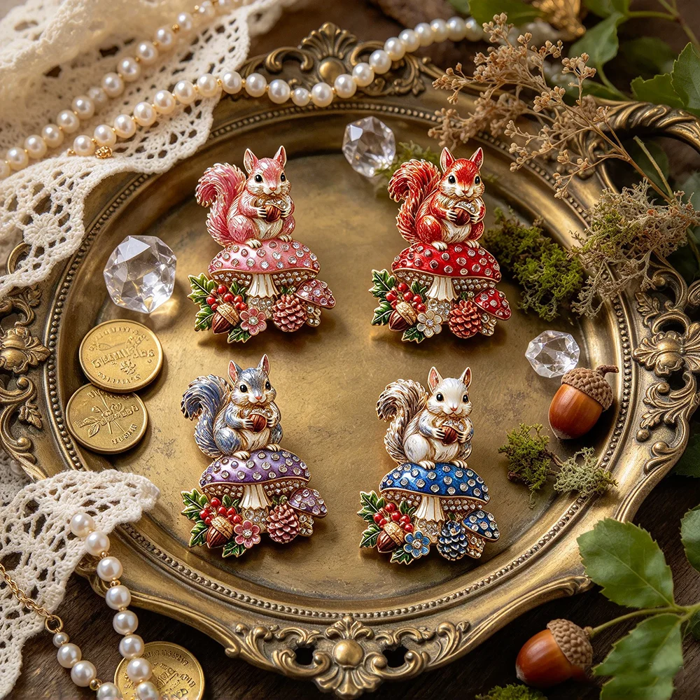 Squirrel Mushroom Enamel Brooch, Rhinestone Cute Animal Pin, Forest Acorn Lapel Pin Jewelry Gift for Women Clothing Decoration view 4