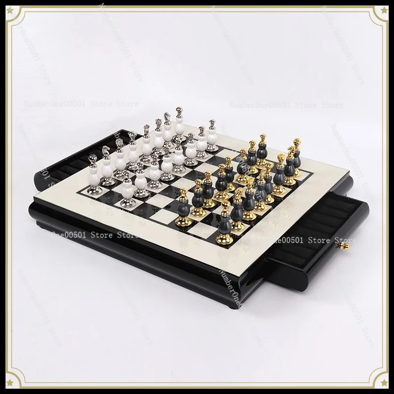High-end Wooden Chess Board Practice Set Creative Zinc Alloy Paint Chess Pieces Living Room Game Craft Gifts