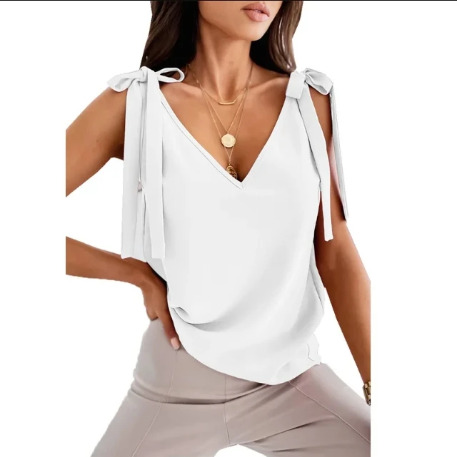 Women Summer Fashion V-Neck Off Shoulder Sleeveless Sexy Strappy Tank Tops Bow Tie Straps Vest
