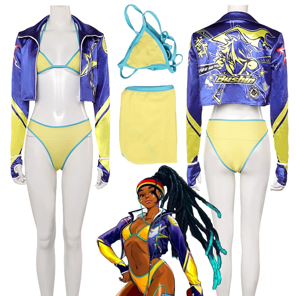

Disguise Fighter Game SF 6 Kimberly Cosplay Women Swimsuits Yellow Bikini Blue Coat Swimwear Suit Halloween Carnival Party