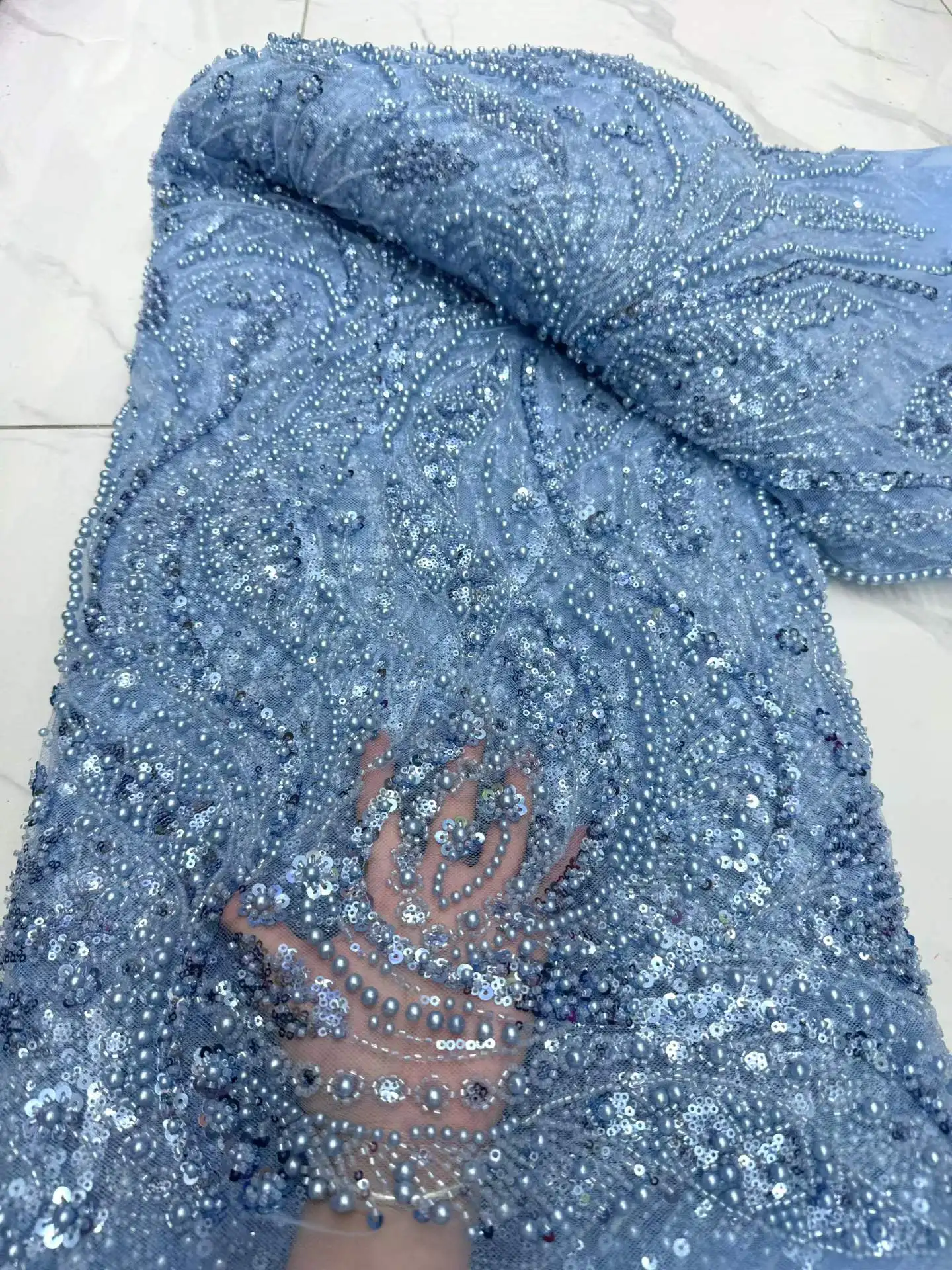 New African Lace Fabric 2026 High Quality Nigerian Lace Beads Sequins French Net Fabric 5 Yards For Sewing Party Wedding Dresses