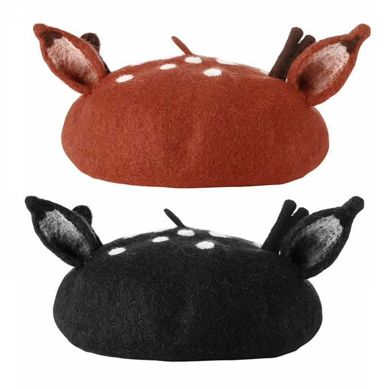 Handmade Cartoon Hat Reindeer Antler Cosplay Vintage Christmas Women Faux Felt Artist Painter Beanie Dropship