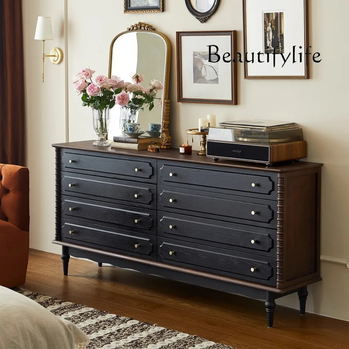 French solid wood chest, bedroom eight-bucket cabinet, American retro drawer storage locker, bedside locker