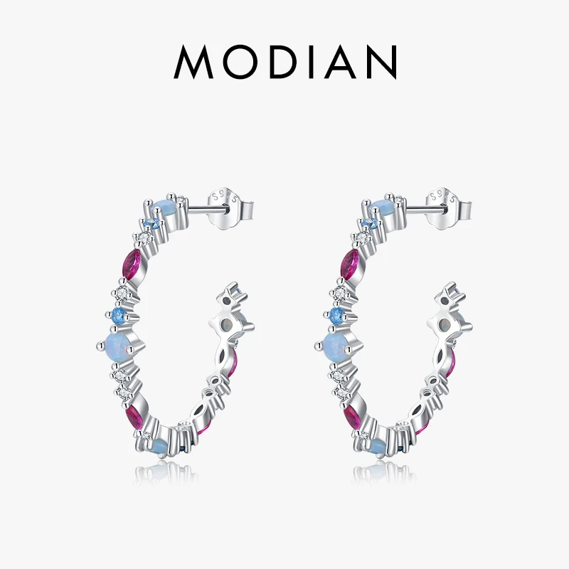 Modian 925 Sterling Silver Rainbow Colorful Zirconia Trendy Stud Earrings For Women Ear Studs Party Gift Fine Jewelry