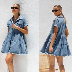 Women Summer Short Sleeve Lapel Casual Denim Dress Sexy High Waist Single Breasted Button Mini Dress