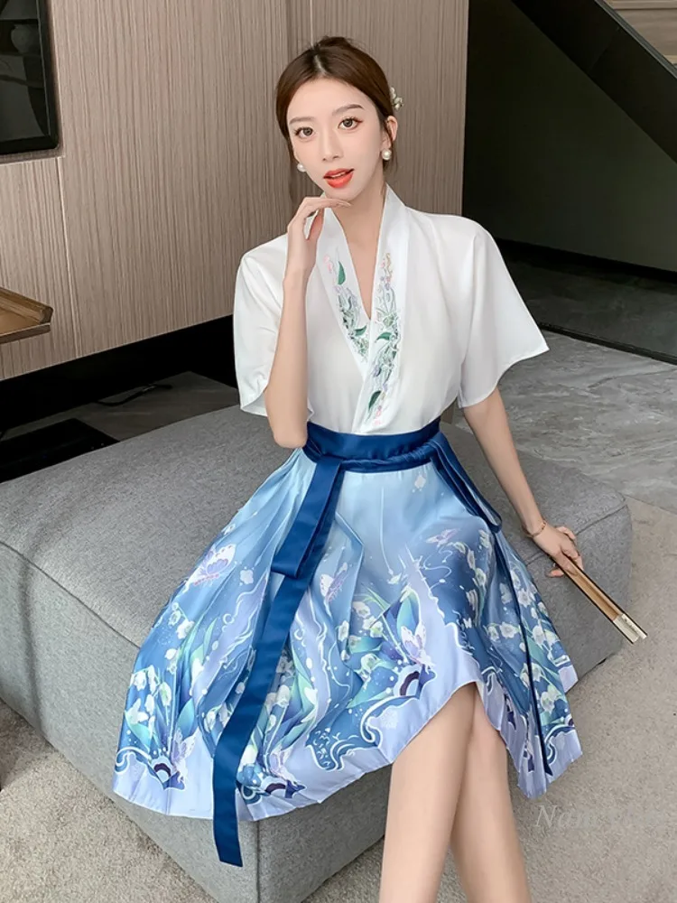 New Chinese Style Horse-Face Skirt Sets Women\'s Summer Thin Suit 2024 New Improved Short Hanfu Chinese Style Blouse and Skirt