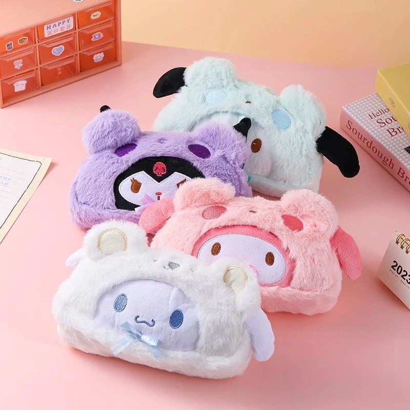 Bonito olá kitty lápis caso moda dos desenhos animados anime kuromi pelúcia cinnamoroll saco de cosméticos estudante papelaria presentes do feriado
