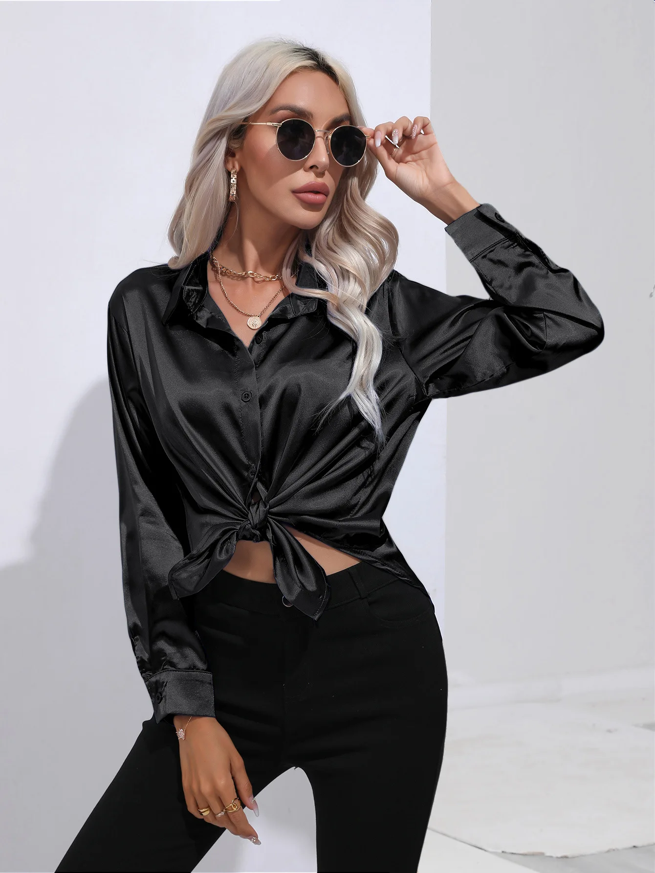 2024 Spring Summer Satin Shirt Women V Neck Long Sleeve Office Shirt Blouses Ladies Black White Silk Loose Shirts For Women