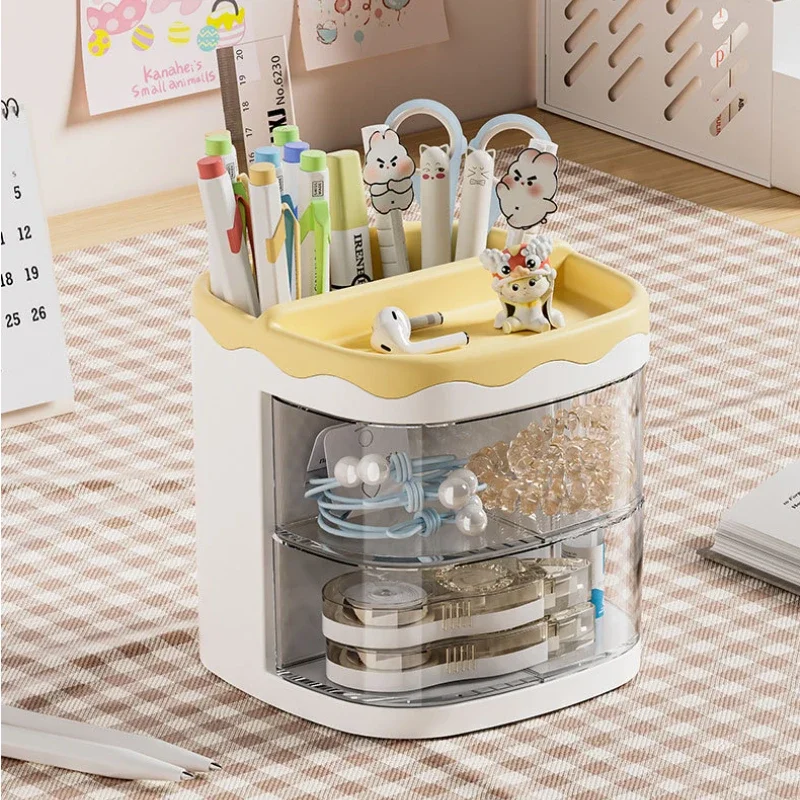 Simple Solid Color Pen Holder with 2 Drawer Large Capacity Multifunction Stationery Storage Box Student Office Desktop Organizer