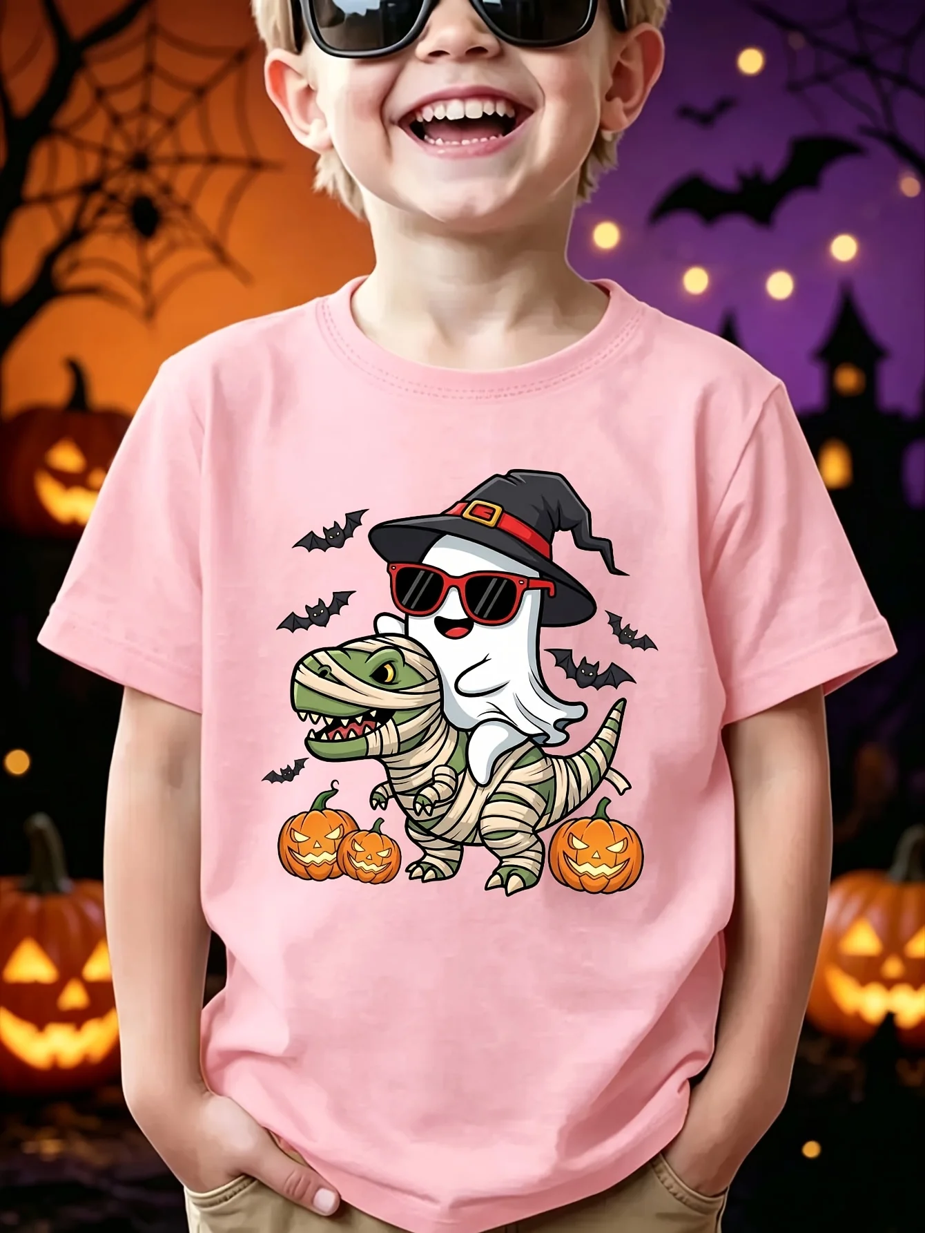 Ghost Ride Mummy Dinosaur Halloween Tee Boys Girls Family Matching Witch Hat Pumpkin Bat Casual Parent Kids Holiday Wear Outfit