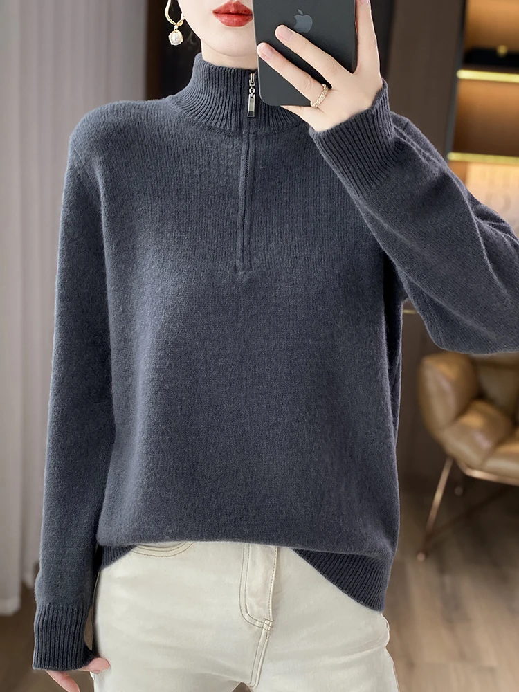 Premium 100% Merino Wool Half Zip Turtleneck Sweater Women Solid Soft Warm Long Sleeve Casual Winter Knitted Pullover Top