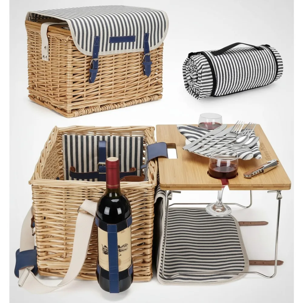 

Large Wicker Picnic Basket Set for 2 Persons with Bamboo Wine Table, Outdoor Camping Party Essentials