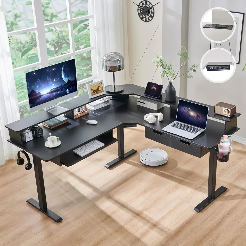 

60 Inches L Shaped Electric Standing Desk, Height Adjustable Corner Gaming Desk with Drawers, Power Outlets & LED Lights