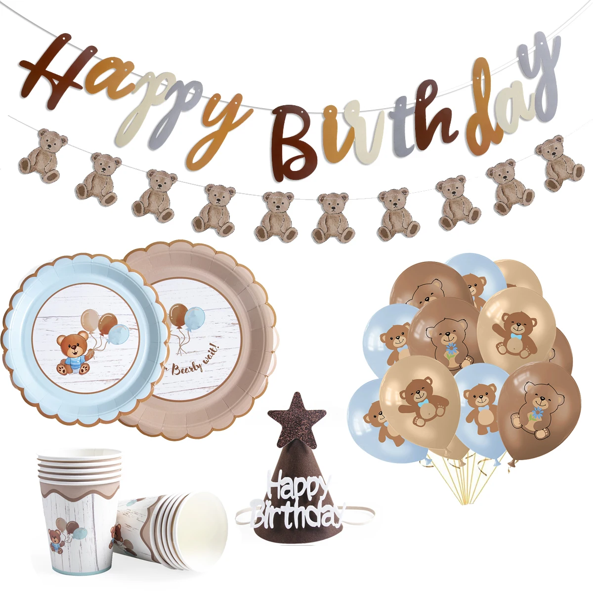 Cute Teddy Bear Baby Shower decoration Tableware Brown Blue Napkin Plate Cup banner Baby Boy Girl Kids 1st Happy Birthday Party