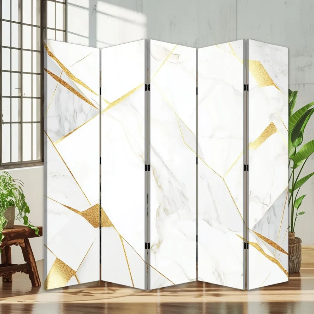 5 Panels Folding Screen Room Divider Abstract Polygonal Pattern Luxury White Gold Canvas Screen Indoor Separator Freestanding