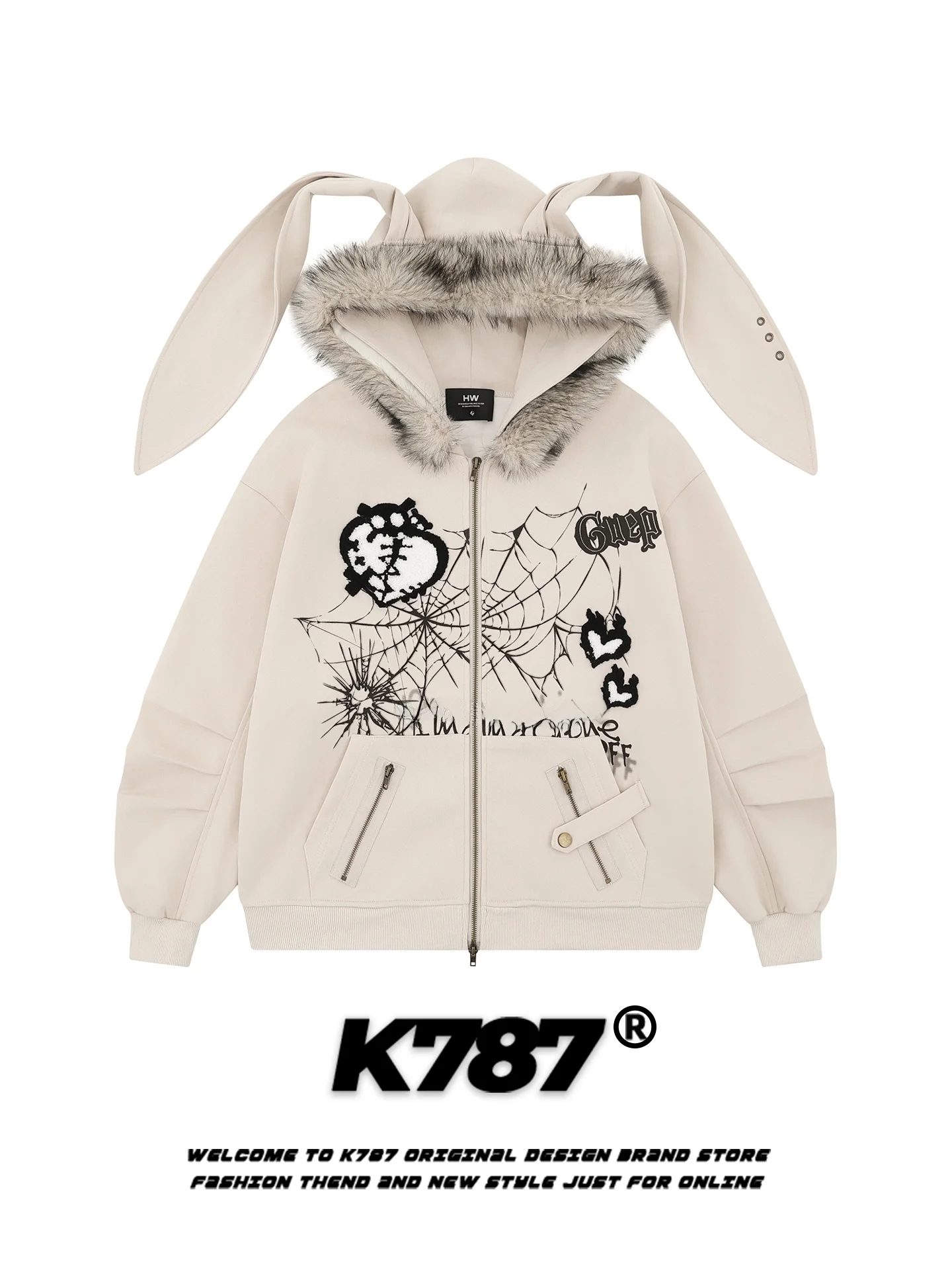 

Ретро-худи в американском стиле с вышивкой, мужская толстовка с меховым воротником в виде кроличьих ушей, свободная повседневная универсальная верхняя одежда