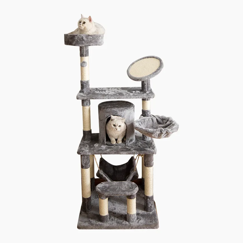 Four-Story Cat Tower with Sisal Scratching Posts, Climbing Racks & Natural Fiber Platforms for Kitten Activity and Play