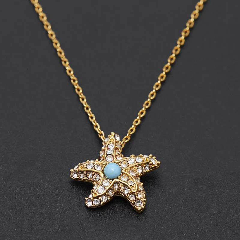 

1Pc Exquisite Short Necklace With Diamond-encrusted Blue Jade Starfish,A Simple And Stylish Nautical Women's Clavicle Chain