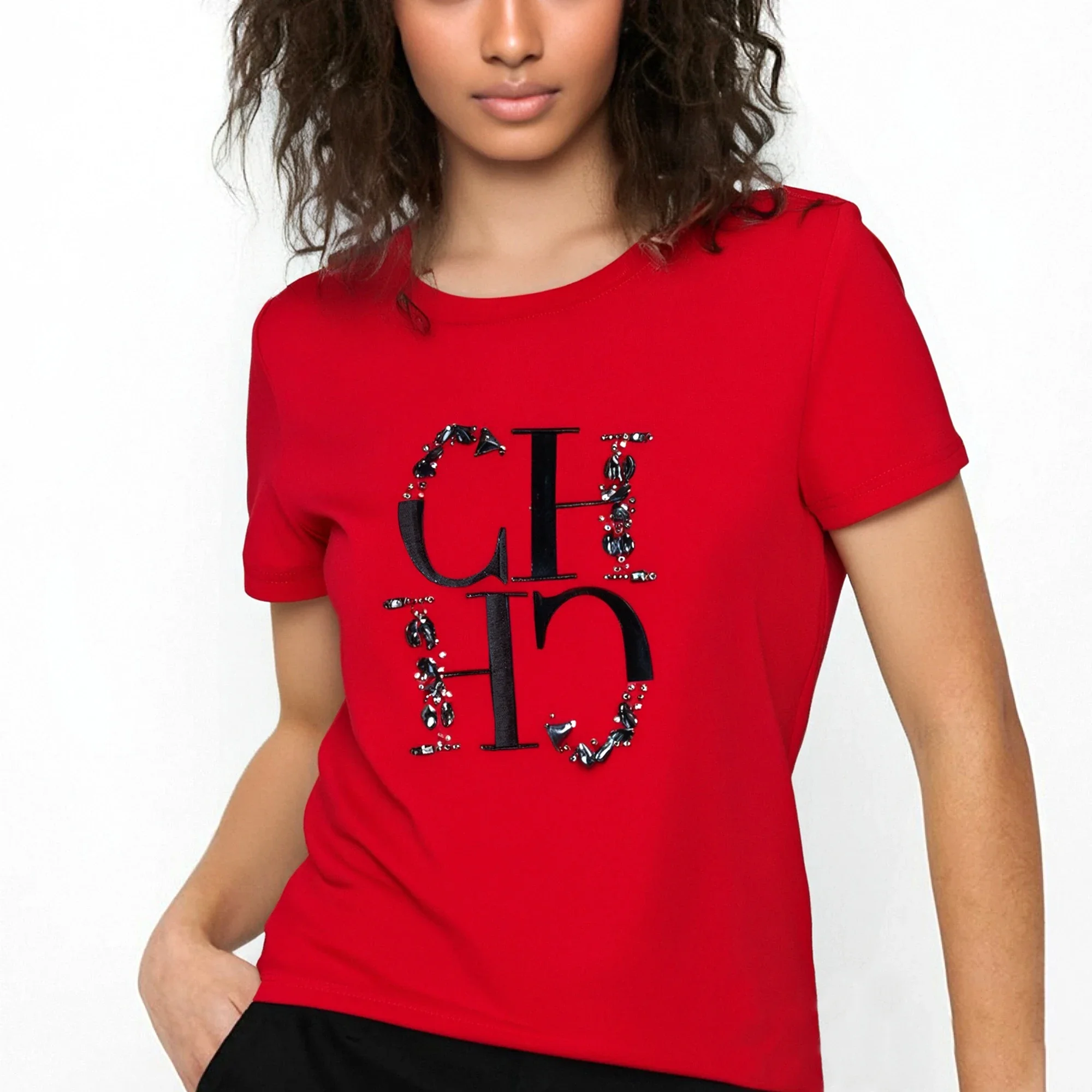 CHCH Women's T-shirt Fashion Hand Embroidered Casual Round Neck Tops