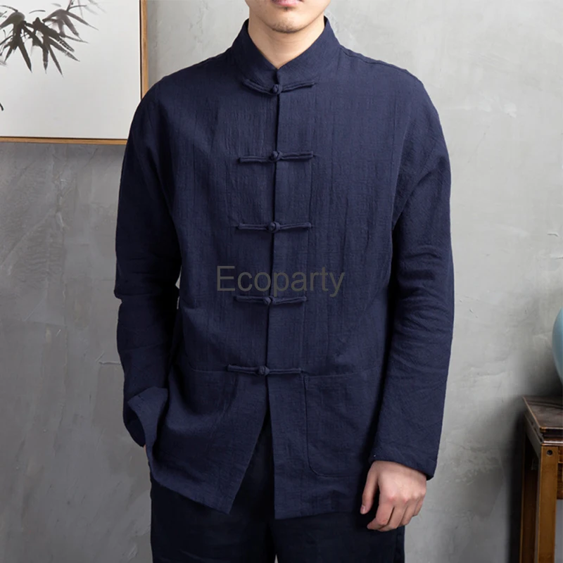 New Men Chinese Traditional Kung Fu Tai Chi Coat Tang Suit Uniform Jacket Clothes Long Sleeve Blouse Retro Shirt Button Up Hanfu