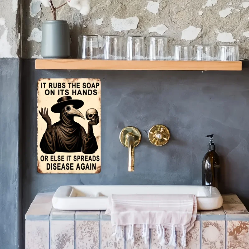 قطعة واحدة من علامة الألومنيوم لطبيب الطاعون القوطي - تذكير عتيق لغسل اليدين، فن تعليق على الحائط للحمام والديكور المنزلي