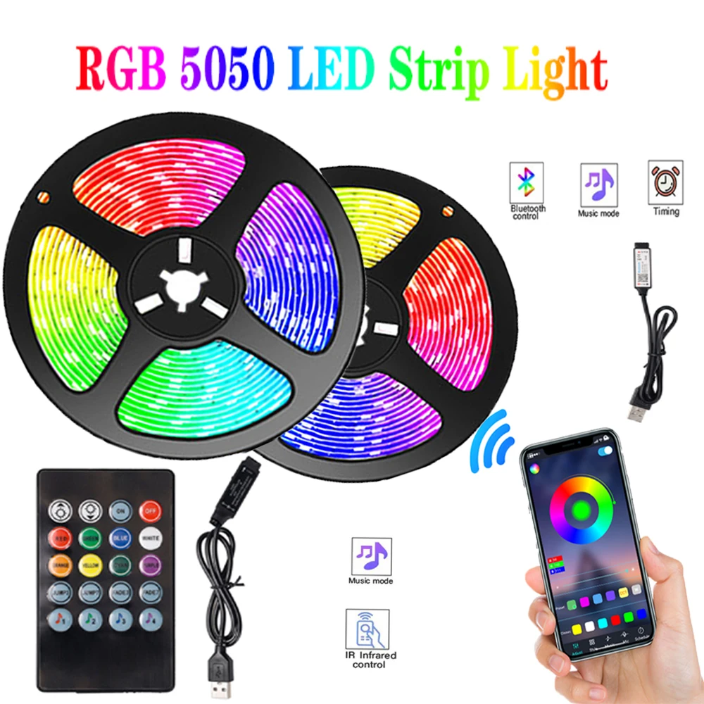 

RGB 5050 Led Strip Light 5V USB Bluetooth App 20 Key Infrared Remote Control Music Sync Mode for Room TV Backlight Festoon Decor