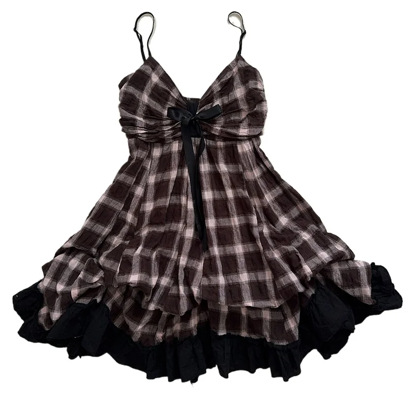 Femmes 2025 motif à carreaux années 2000 Harajuku rue hip-hop nouvelle robe à col en v rétro décontracté polyvalent mignon Y2K emo filles mince dhui3e