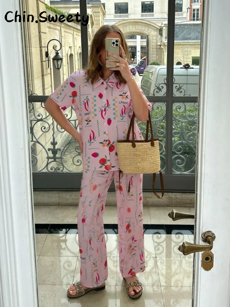 

Fashion Printed Trousers Sets Women Loose Lapel Half Sleeve Single Breasted Shirts Straight Pants 2025 Summer High Street Oufits