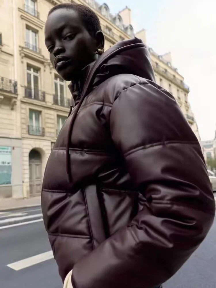 سترة جلدية قصيرة بغطاء للرأس للنساء موضة الصلبة الوقوف طوق سستة جيب سترات دافئة سيدة شتاء جديد ملابس الشارع اليومية #1