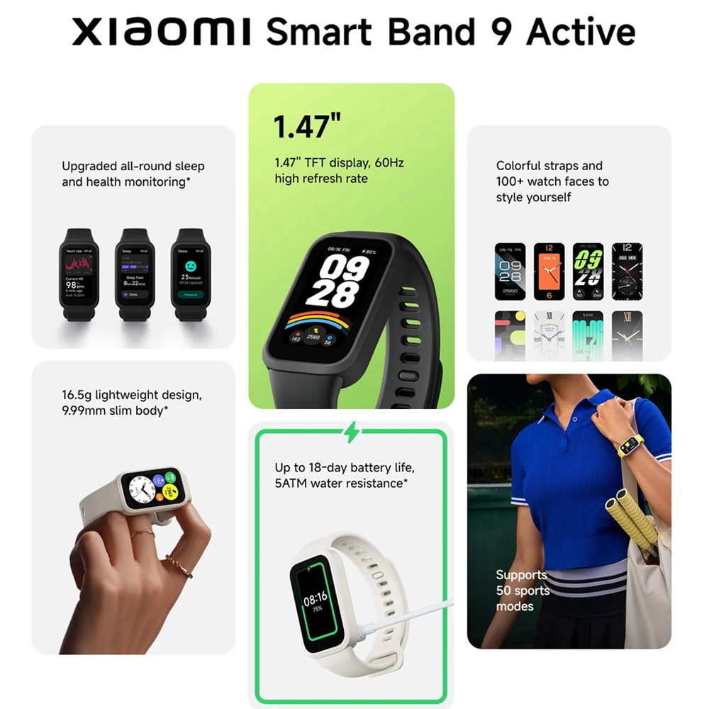 Global Version Xiaomi Band 9 Active Mi Smart band 9 Active Bracelet 1.47'' Blood Oxygen Heart Rate 5ATM Waterproof Wristband