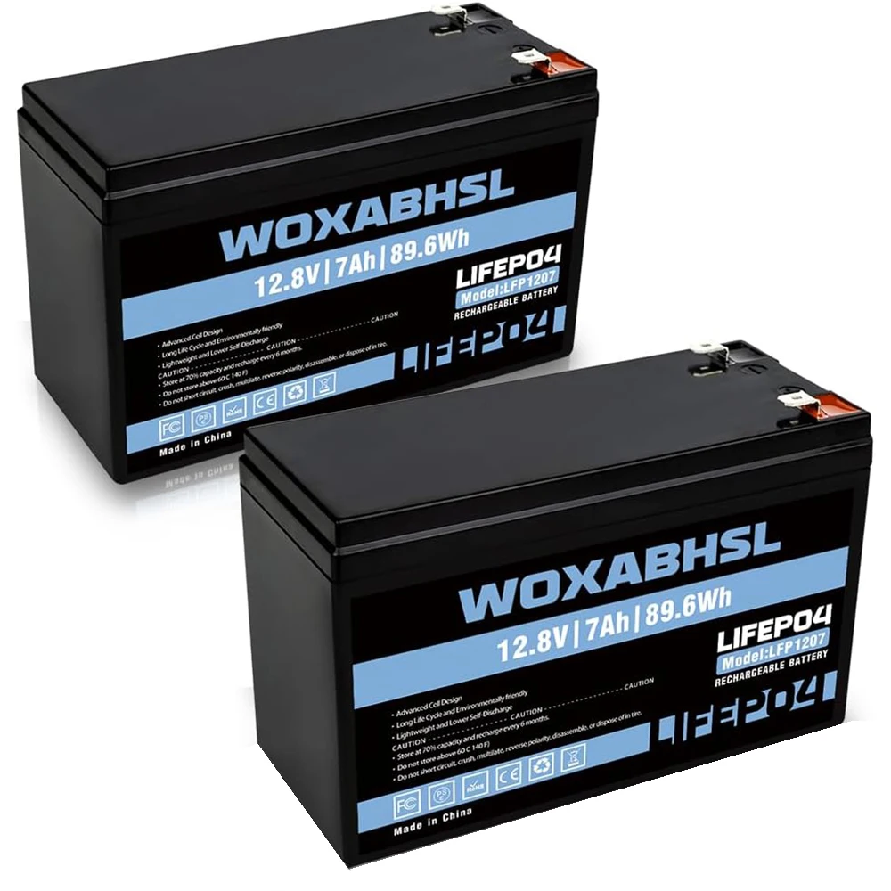 12V 7Ah LiFePO4  Lithium Battery, 2 PCS, Built-in BMS, 5000+ Cycles Rechargeable Battery for Solar/Wind Power, Small UPS