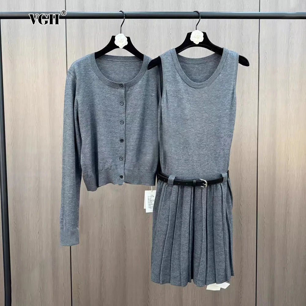 VGH Elegant Style 2 Piece Suit For Women O Neck Long Sleeve Knitted Cardigan Spliced Belt Midi Pleated Sundress Slim Sets Female