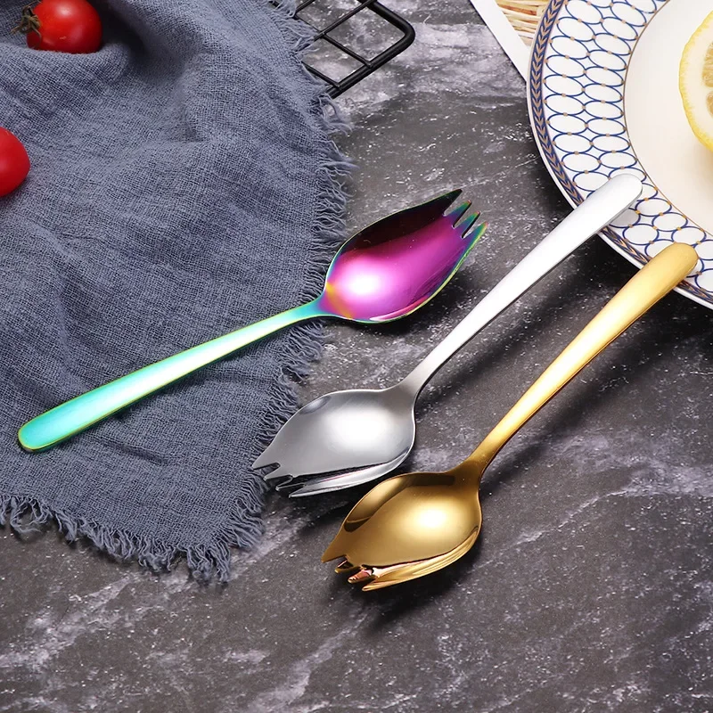 Fruit Fork Spoon Stainless Steel Ice Cream Salad Dessert Tableware Cake Snack Salad Fork Spoon 2 In 1 Colorful Bento Accessories