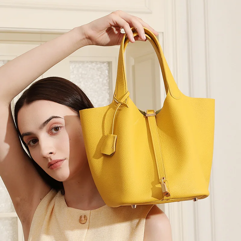 

high quality Genuine Leather Vegetable Basket TC Top Layer Cowhide Niche High-end Exquisite Handbag Bucket Bag Women's Bag Large