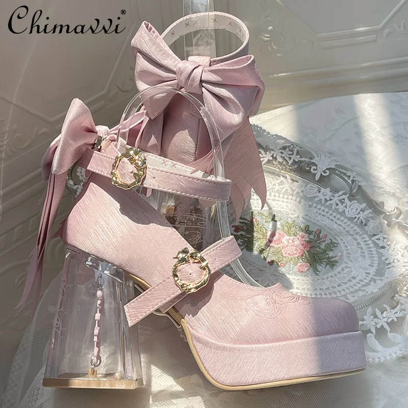 Original Lo Shoes Sweet Girl Round Head High Heel Waterproof Table Bow Elegant Satin Mary Jane Shoes Elegant Lolita High Heels