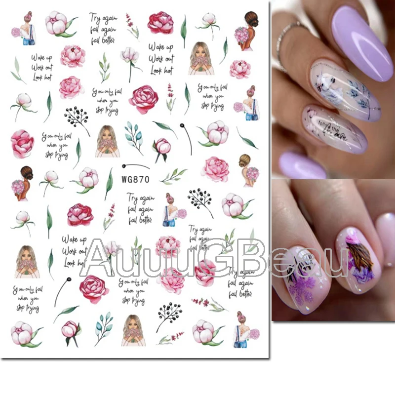 3d Nail Art Decals Valentine Girls Letters Butterflys Lavender Hydrangea Flowers Adhesive Sliders Nail Stickers For Manicure