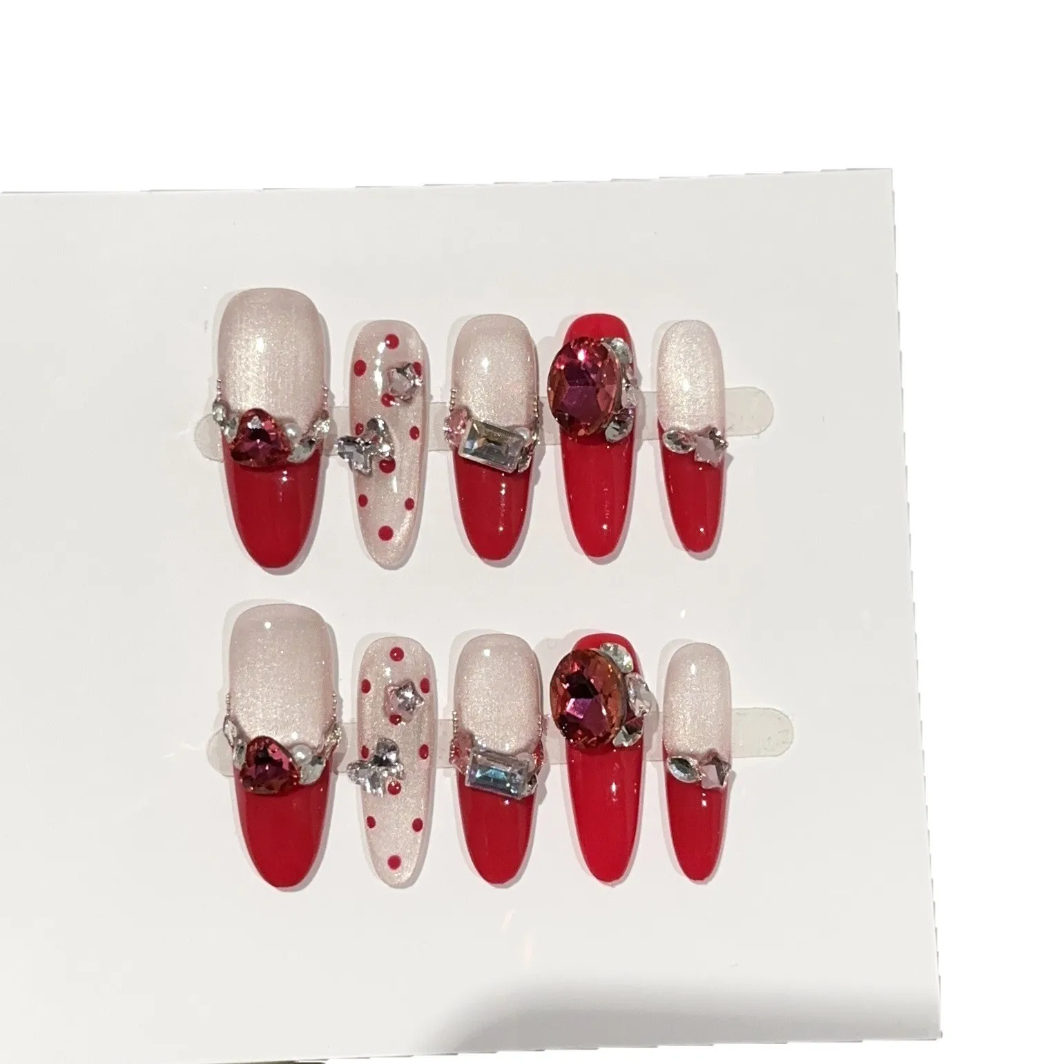 10個入り クリスマスつけ爪 フレンチローズ キャッツアイ プレスオンネイル シャイニーパール スノーフレーク ラインストーンデザイン フェイクネイル クリスマスパーティー用