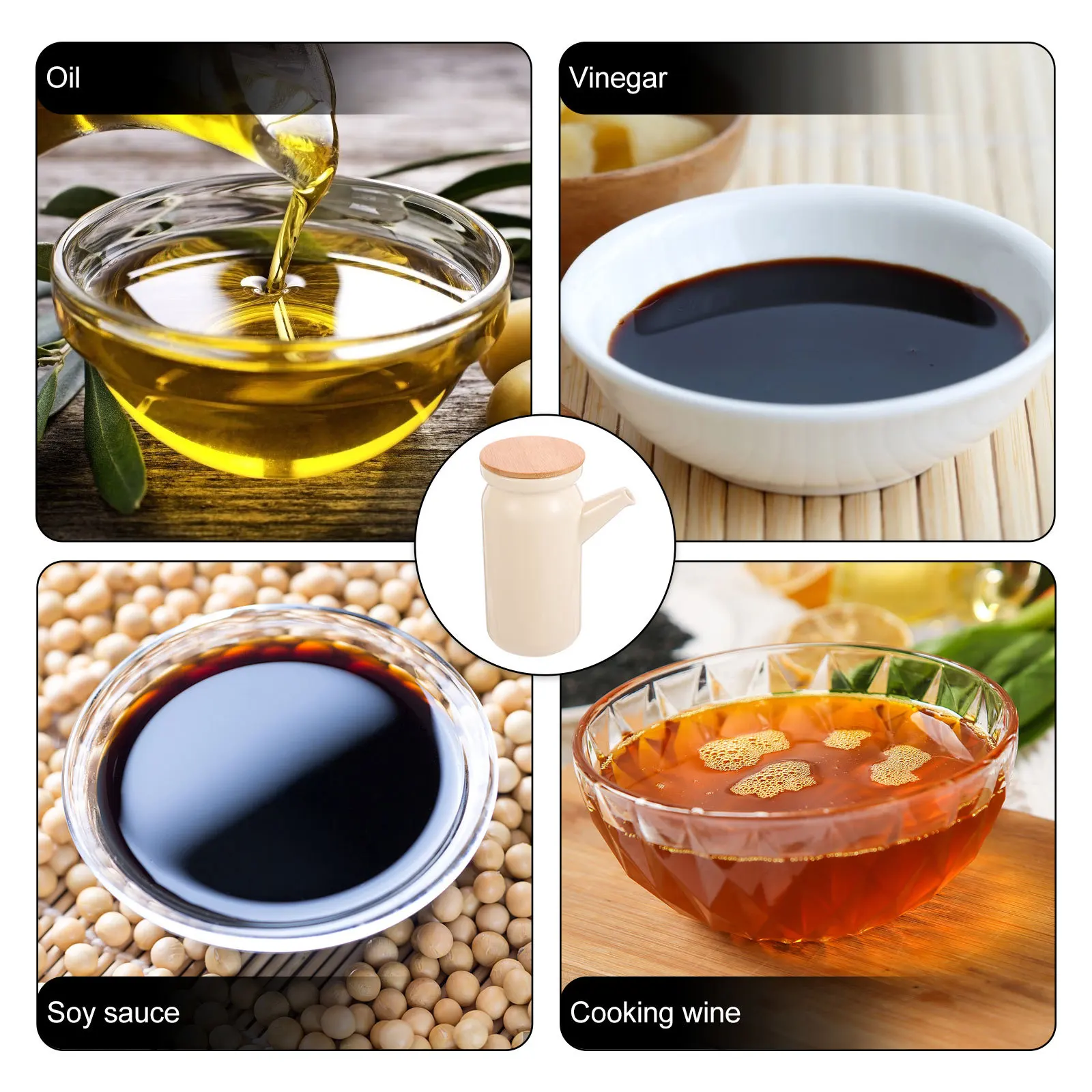 

Ceramic Soy Sauce Bottle Oil Vinegar Dispenser Kitchen Condiment Jar Stylish Decorative Design Multi-Function Wood Lid