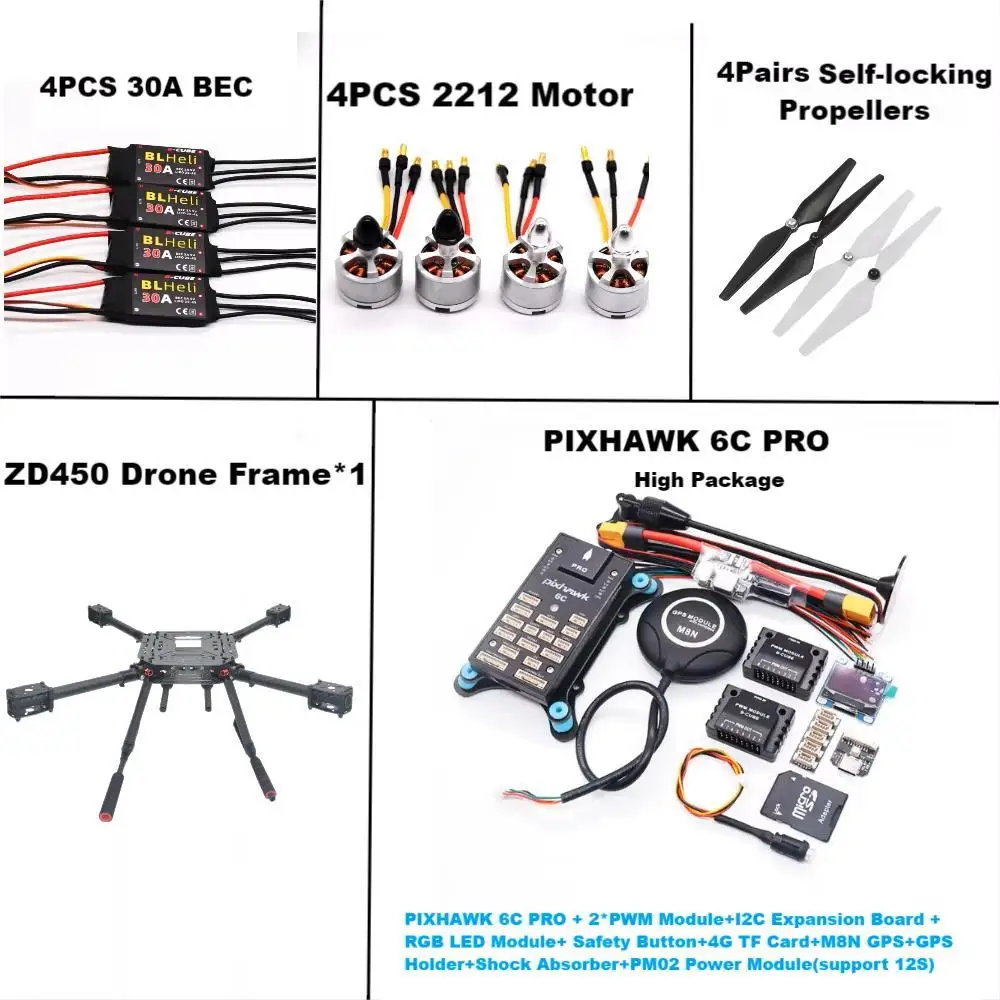 

Pixhawk 6C PRO Flight Control M8N/M9N Carbon Fiber 450 Frame Kit Ardupilot Radio Telemetry Quadcopter BLHELI 30A ESC 2212 Motor