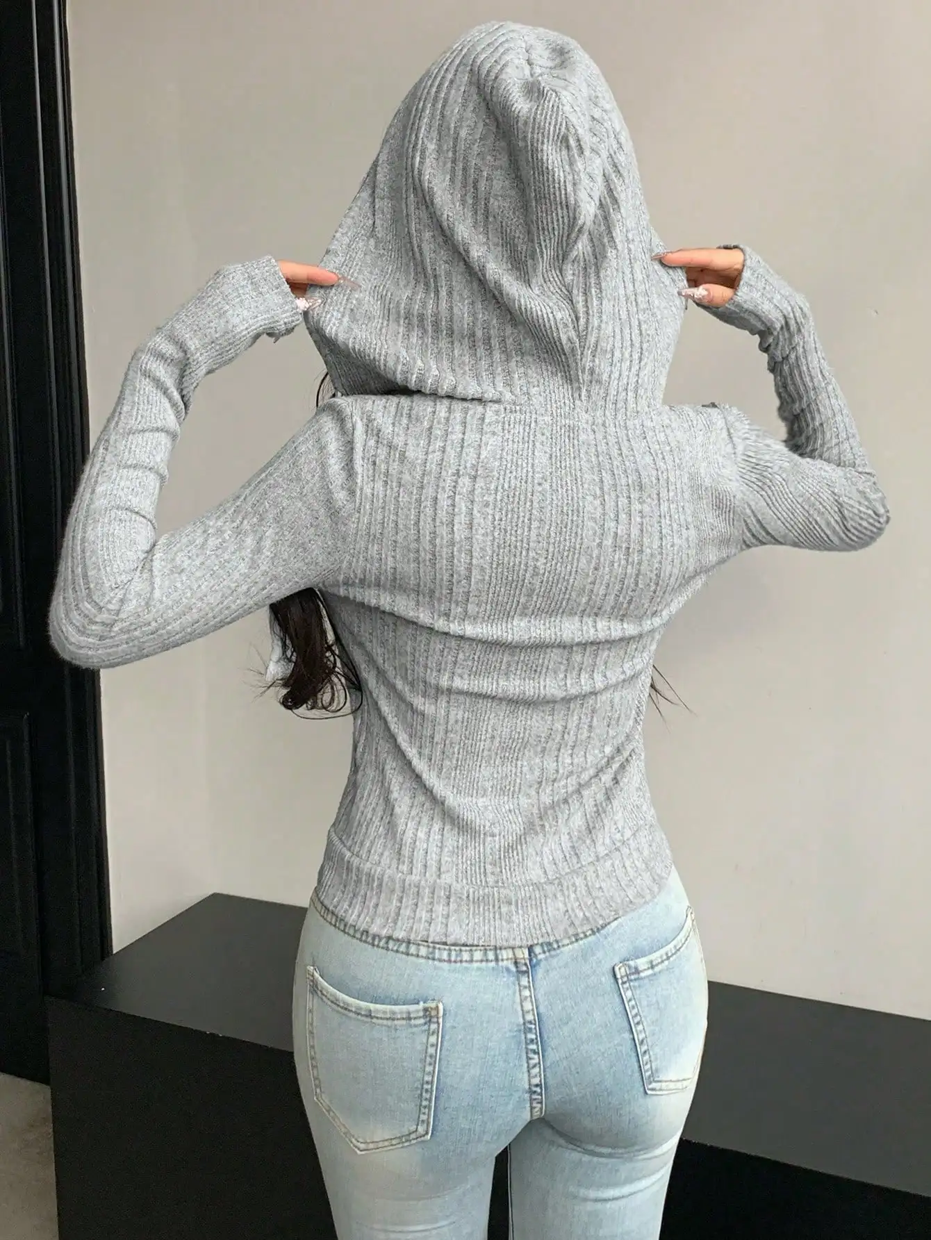 Ladies' Casual Grey Ribbed Knitted Hoodie with Zipper - New Autumn Style of Fashionable and Slender Cardigan