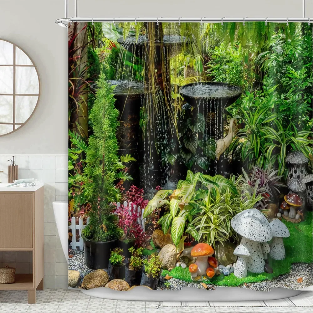 

Garden Scenery Shower Curtain Mushroom Jungle Nature Plants Flower Patio Forest Green Leaf Polyester Bathroom Decor Curtains Set