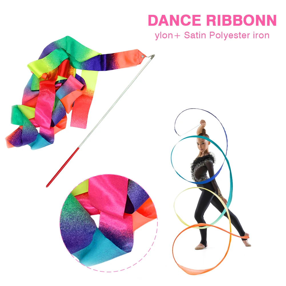 4M Gymnastics Ribbon Baton Stick Twirling Rhythmic Ribbon Rainbow Color Performance Props for Kids Girls Adults Talent Shows