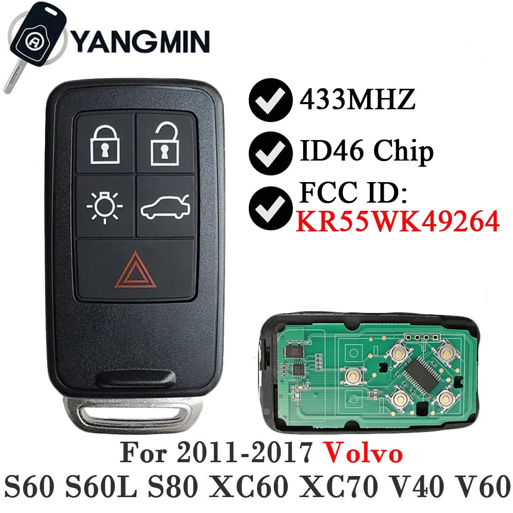 

YANGMIN 5 Button For Volvo S60 S60L S80 XC60 XC70 V40 V60 2011-2017 KR55WK49264 Remote Control Car Key ID46 PCF7953 433MHz