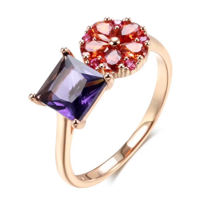 Kinel Hot Square Purple Natural Zircon Ring For Women 585 Rose Gold Color Flower Jewelry Fine Daily Accessories