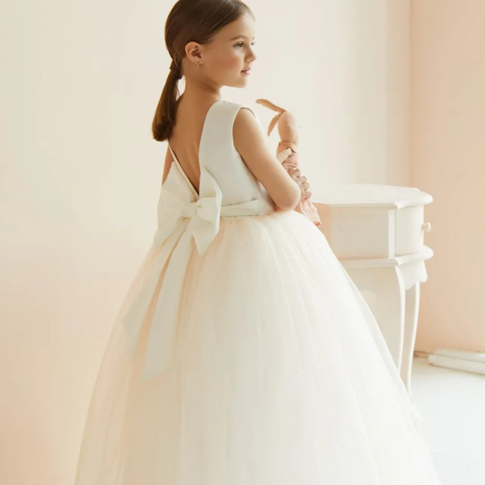 Vestidos de satén con lazo grande para niña, sin mangas, tul marfil, vestido de fiesta de boda de princesa para cumpleaños, desfile para niña y niño hecho a medida