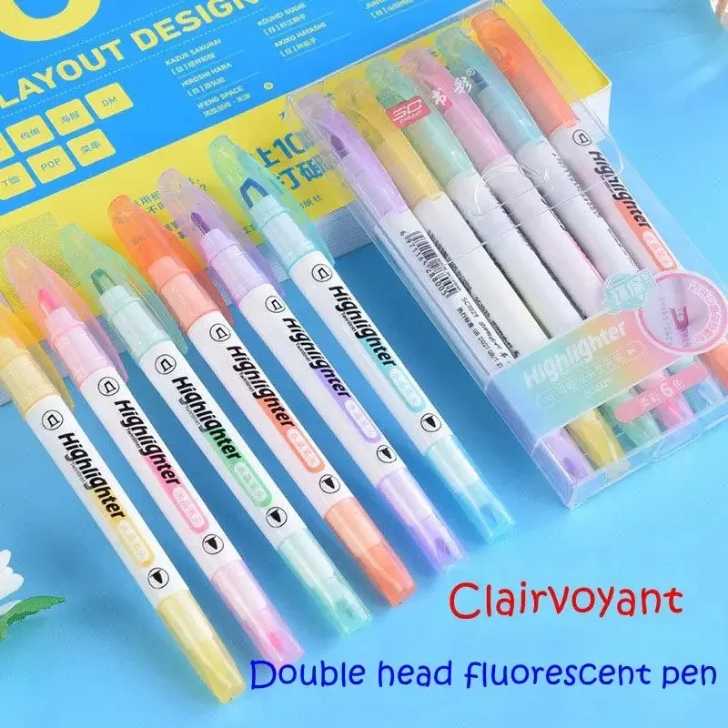 

6 Colors/Set Unique Window Tip Highlighter Pen Double Head Pastel Color Midline highlighters Marker School Stationery Supplies