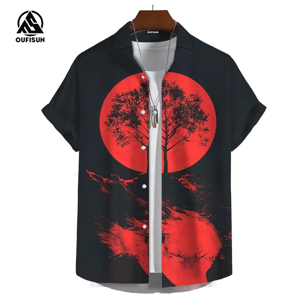 Summer Men\'s Short Sleeve Shirts Japanese Style Print Pattern Street Trend Men\'s Shirts Oversized Tops