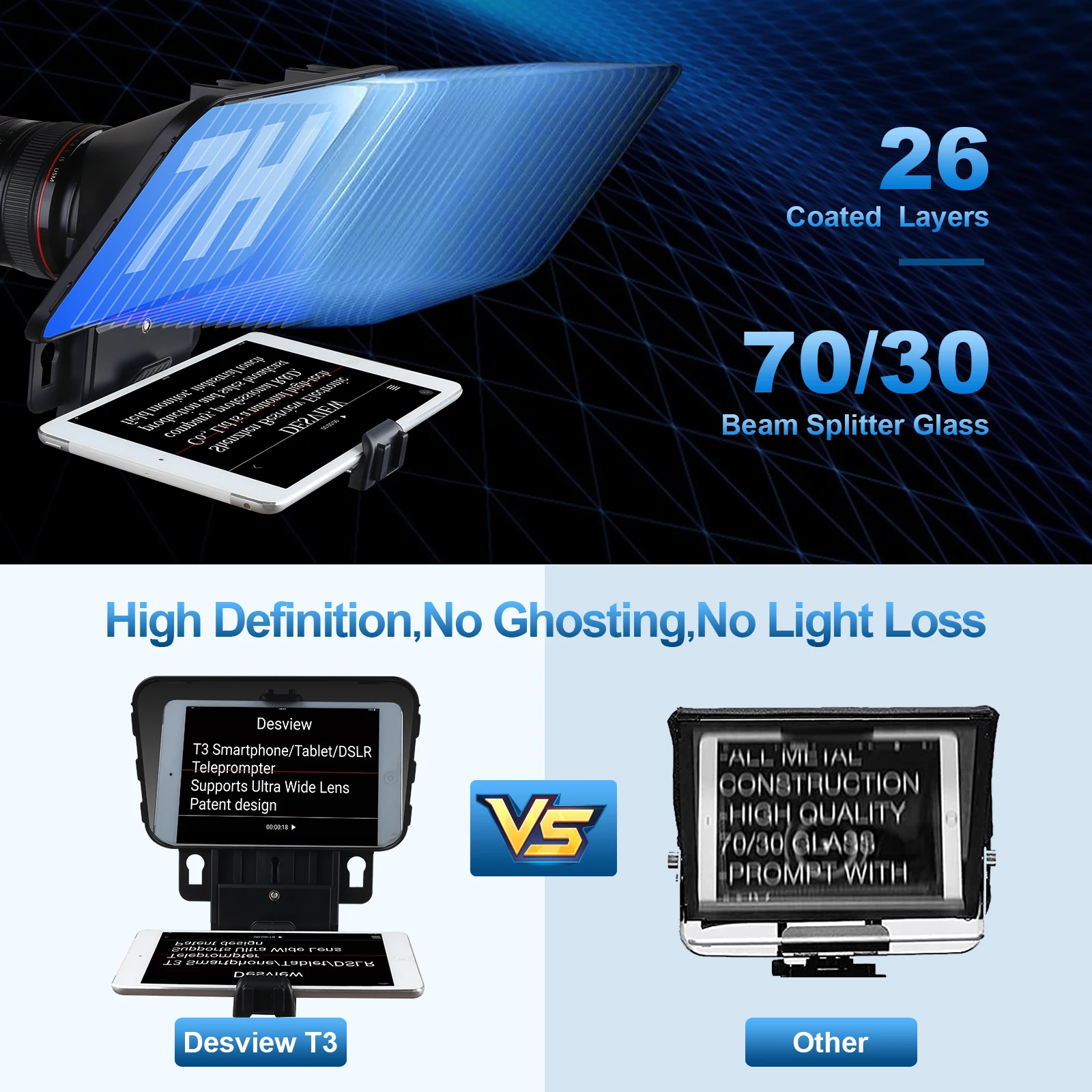 Teleprompter Desview T3-11inch Portable Kit with Transparent Mirror Glass & Remote Control,Compatible with Phone & Tablet