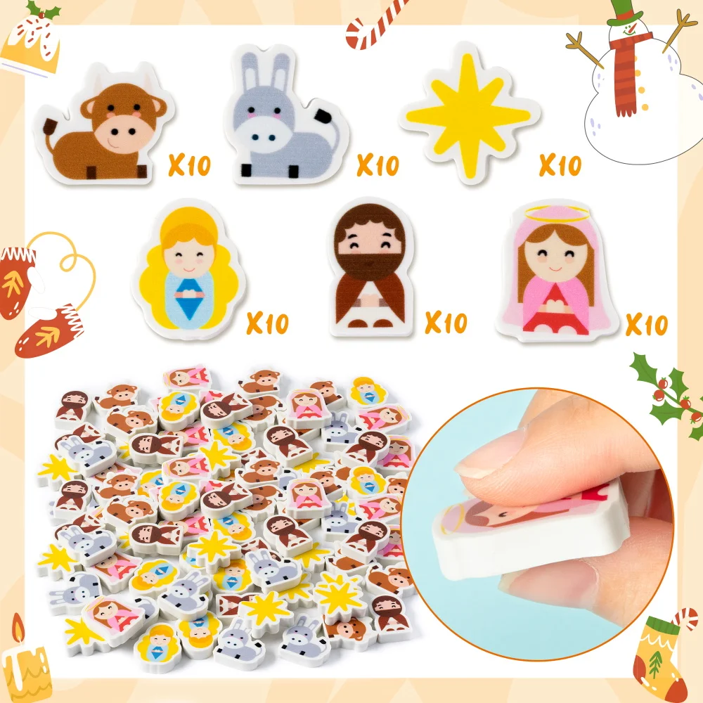 60Pcs Mini Kids Rubber Set Cartoon Rubber Christmas Child/Shar Pei Animals Eraser for School Activity Game Prizes Birthday Gift